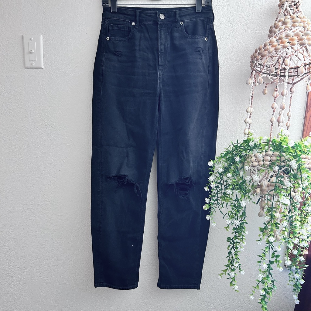 American Eagle Black Distressed Denim High-Waisted Mom Jeans